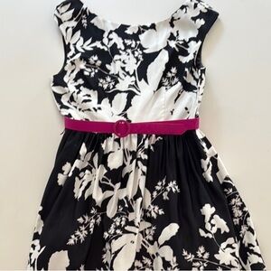 Eliza J Black and White Floral Dress with Pink Belt